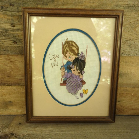 Vintage 1985 Handmade Cross-Stitched "Love Is Kind" Matted Framed Wall Hanging - Picture 1 of 7